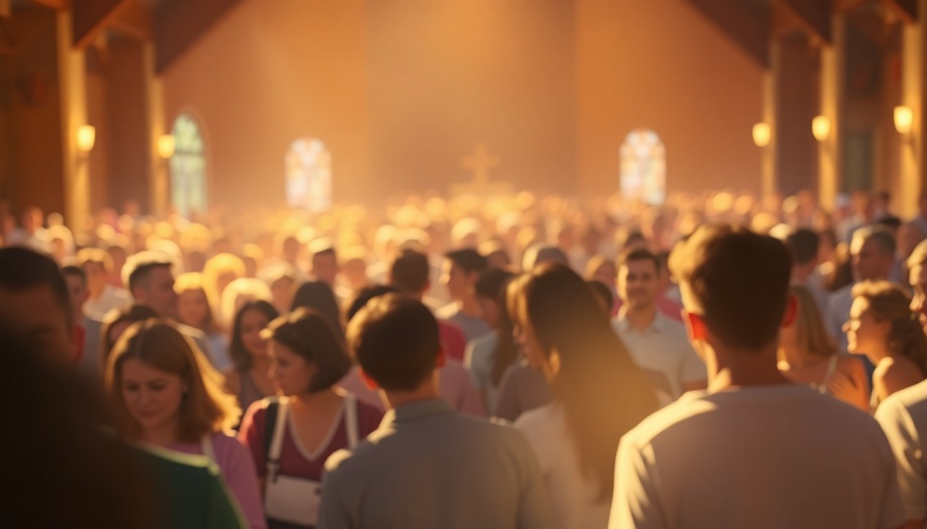 An abstract, impressionistic scene of blurred figures gathered in a church, with warm pools of light and color creating a sense of spiritual community and hope.