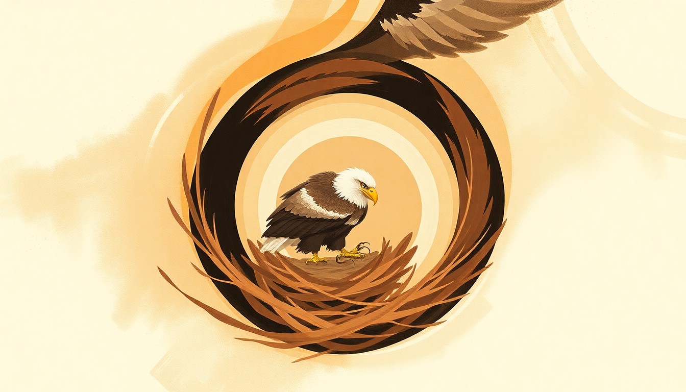 A highly textured, abstract painting in earthy tones featuring sweeping geometric shapes and botanical spirals, conceptually representing the complex natural processes of a bald eagle nest.