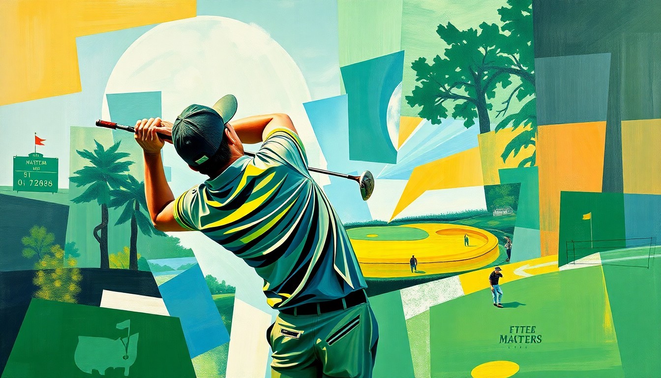 A cubist, geometric painting depicting a golfer's swing broken down into overlapping planes of green, blue, and ochre, conceptually representing the personal and athletic achievements of a new father competing at the Masters tournament.