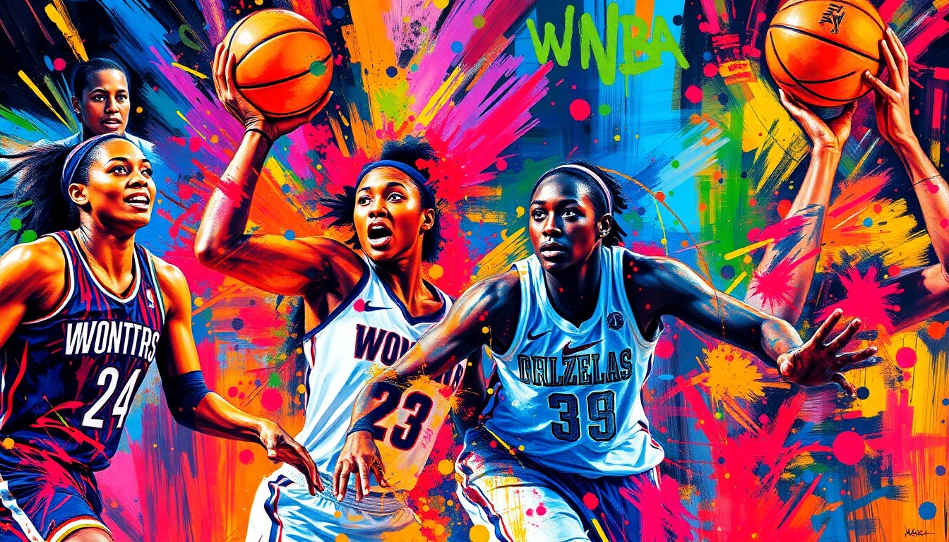 An abstract, energetic painting featuring vibrant neon brushstrokes and splatters of color, capturing the intensity and emotion of a WNBA basketball game without any identifiable players or teams.