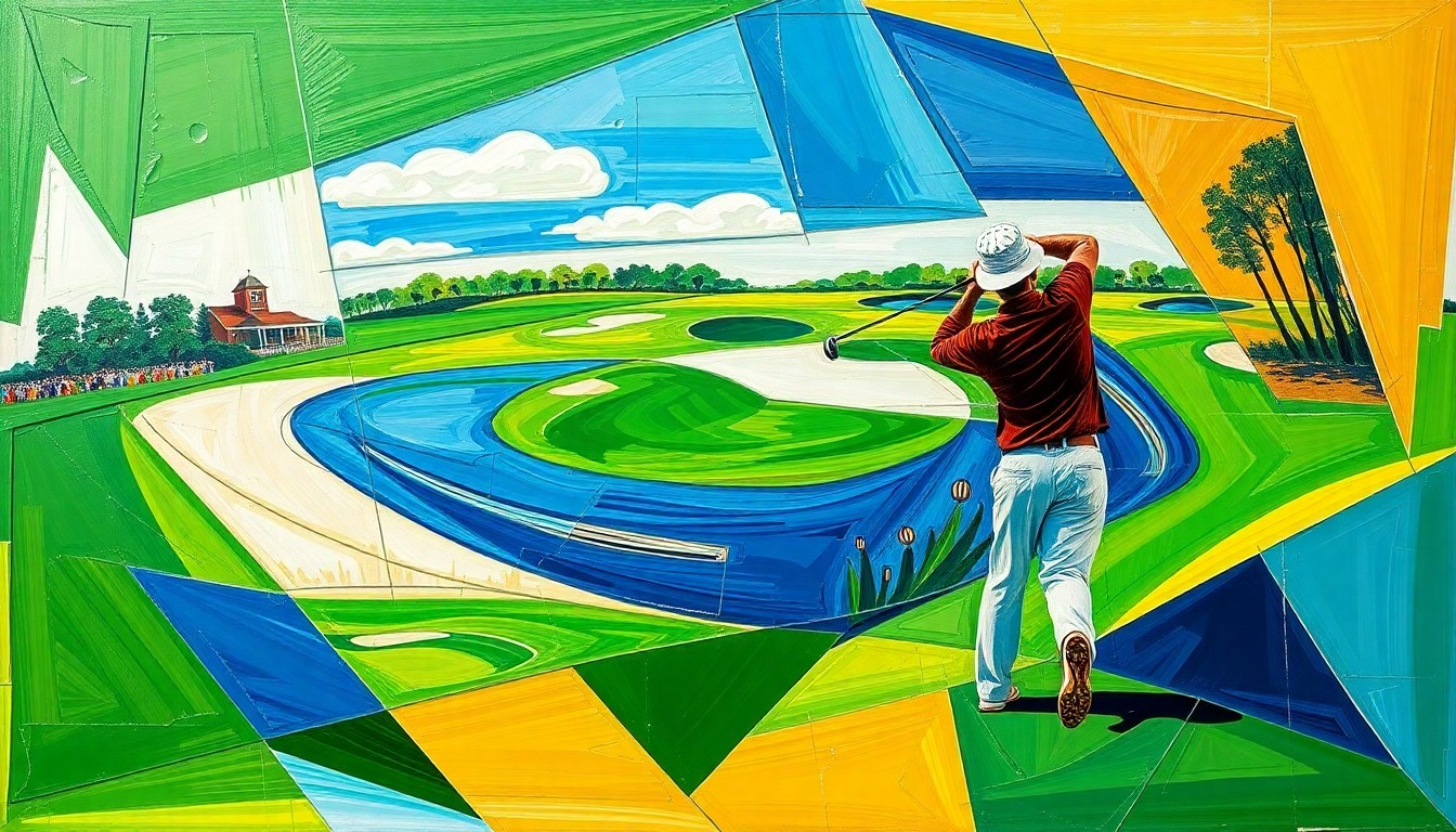 A fractured, cubist-style painting depicting the dynamic motion and energy of the final round of the Texas Open golf tournament, with overlapping geometric shapes and planes in shades of green, blue, and tan representing the course and golfers' movements.