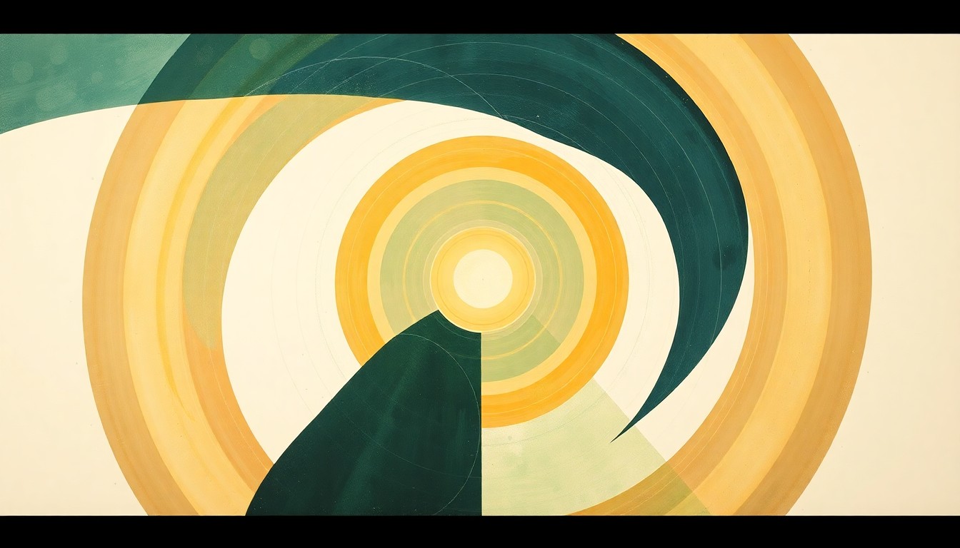 A bold, abstract painting in muted tones of green, blue, and orange, featuring sweeping geometric arcs, concentric circles, and precise spirals, conceptually representing the advanced physics and engineering behind Pulsar Fusion's fusion rocket technology.