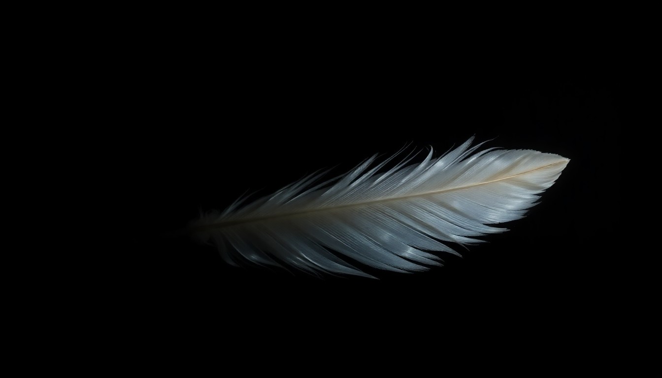 An extreme close-up photograph of a single chicken feather, its intricate texture and vibrant colors standing out against the stark black background, conceptually representing the unexpected nature of the police encounter with the escaped birds.