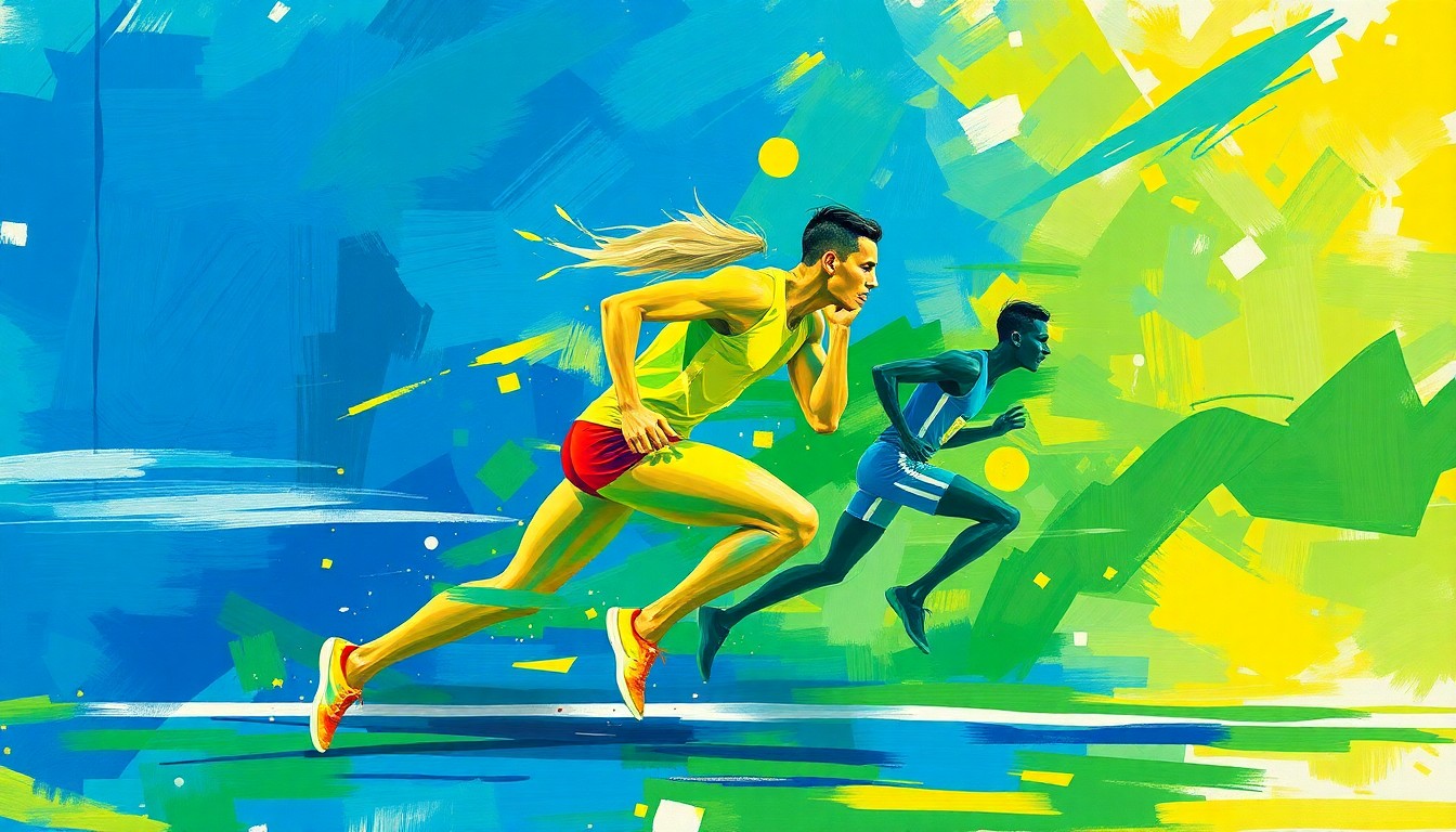 An abstract painting in bold, sweeping brushstrokes of blue, green, and yellow, conveying the dynamic energy and movement of a track and field event.