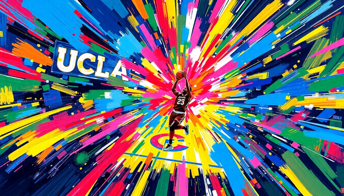 An abstract, energetic painting featuring bold, sweeping brushstrokes in neon shades of blue, pink, and yellow, capturing the intensity and excitement of the NCAA women's basketball national championship game.