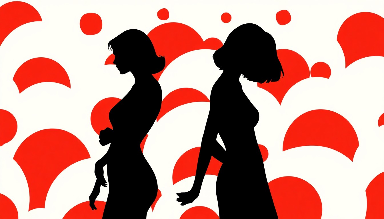 A minimalist poster design in the style of Saul Bass, featuring stark black silhouettes of two female figures standing back-to-back, surrounded by a field of vibrant red and white geometric shapes, conceptually representing the themes of prejudice and tragedy in the play.