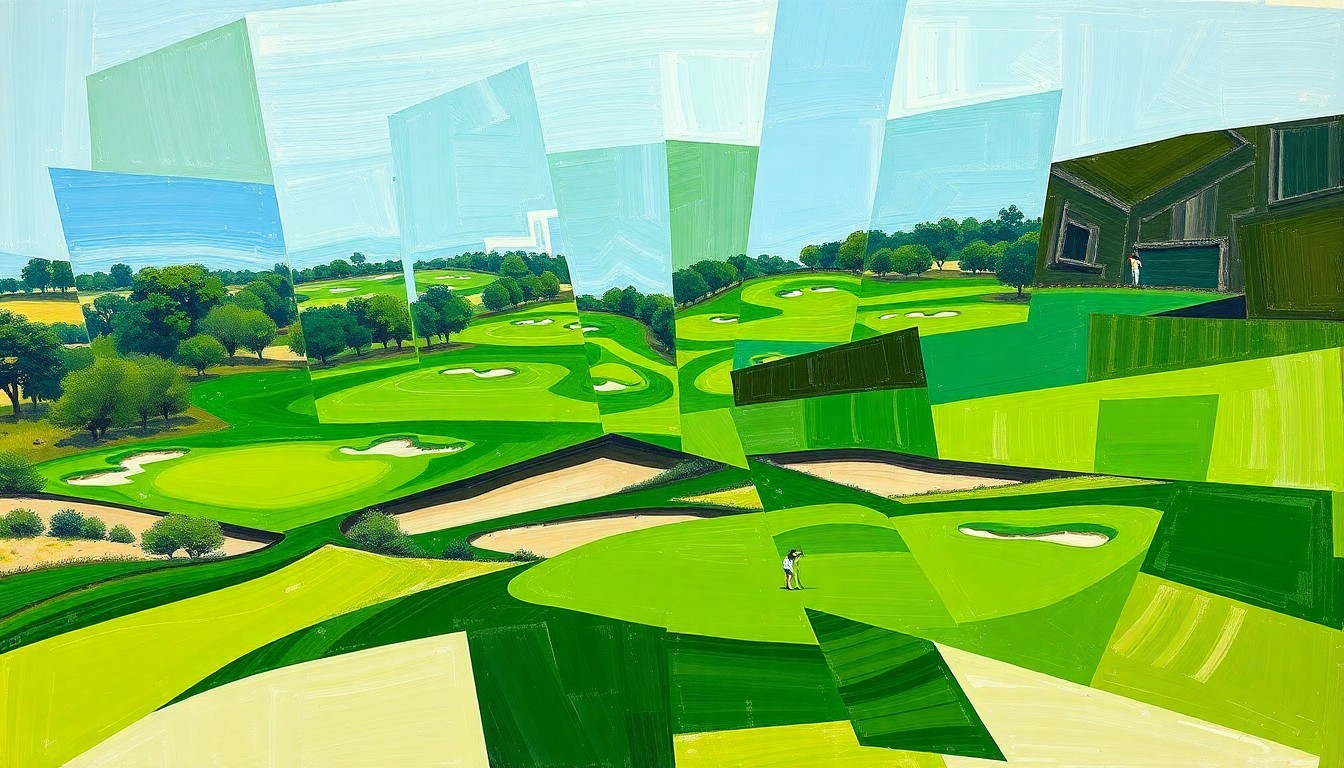 A fractured, cubist-style painting depicting the final holes of a golf tournament, with overlapping geometric shapes representing the fairways, sand traps, and swinging golf clubs, conceptually illustrating the dramatic conclusion of the event.