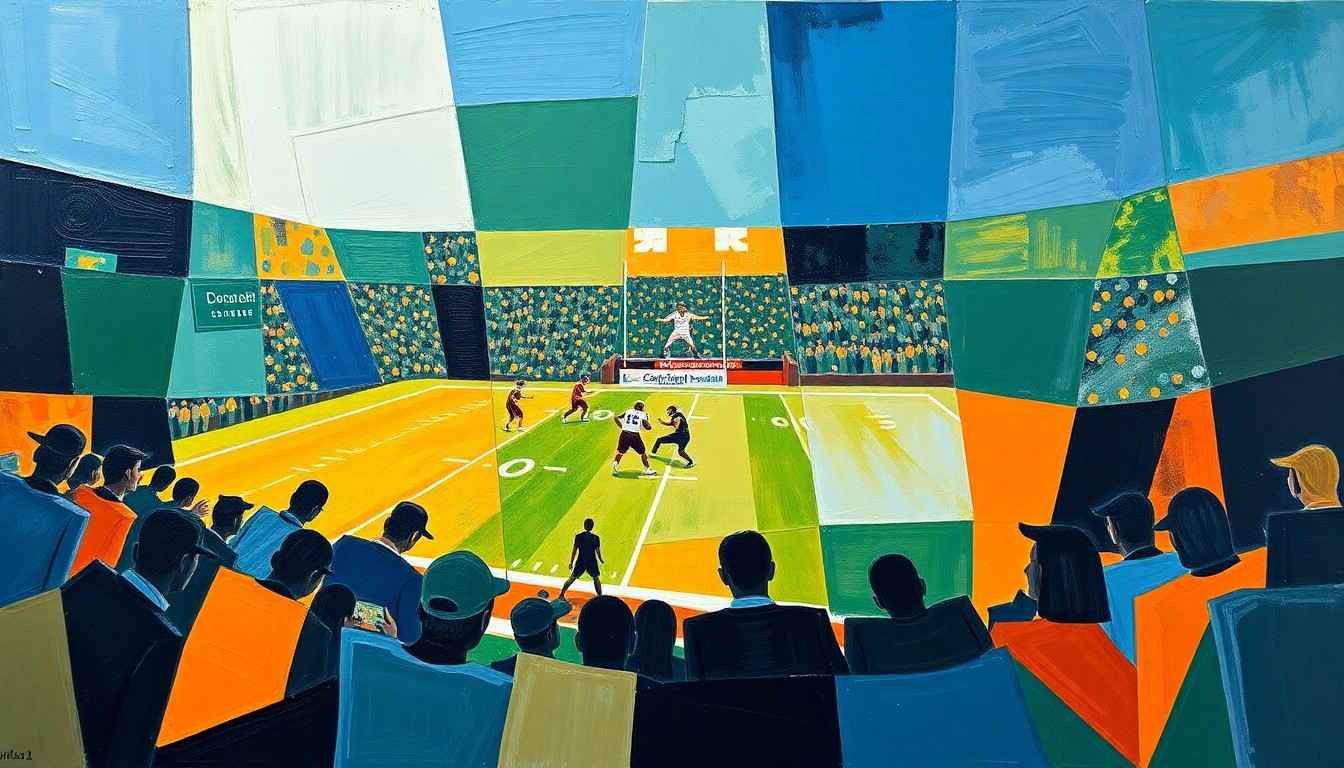 A cubist, geometric painting depicting a fragmented football coaching scene, with sharp planes of navy, green, and orange intersecting to create an abstract, energetic composition.