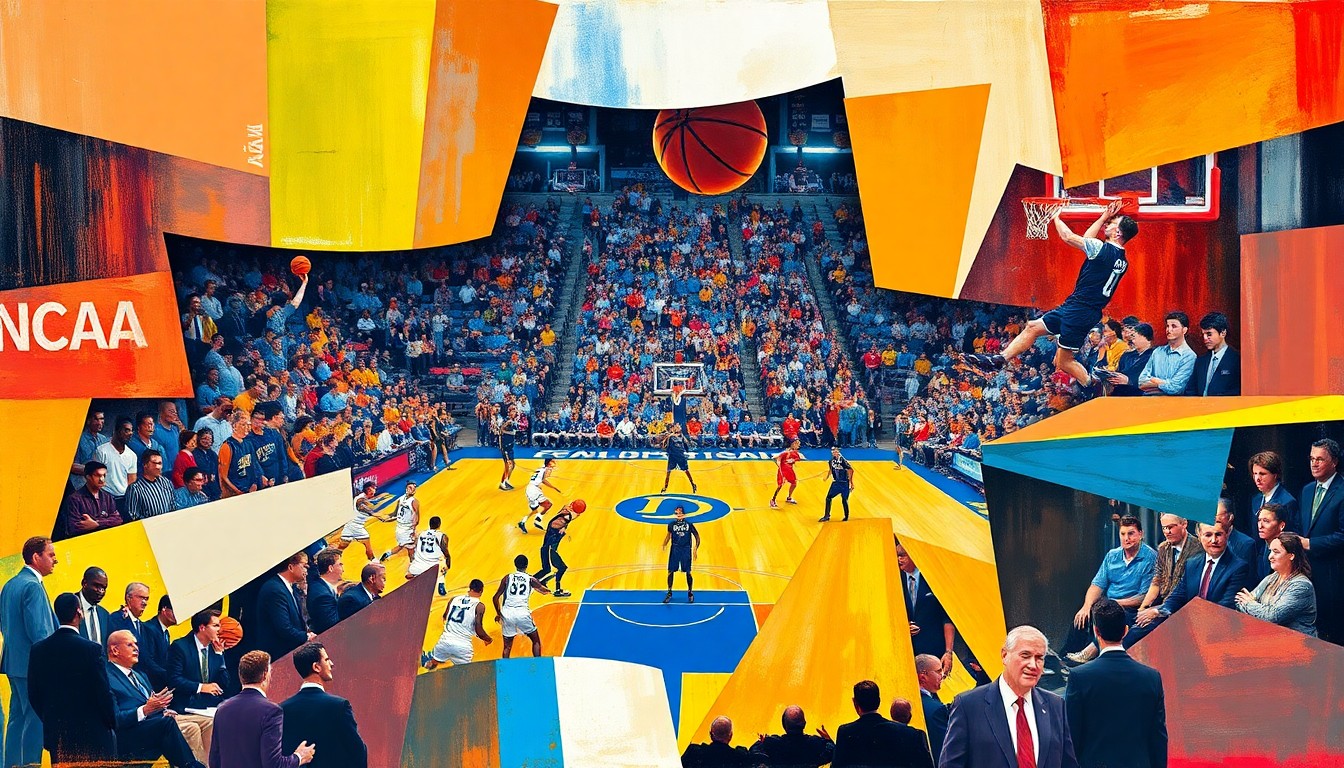 A cubist, geometric painting depicting the action and energy of the NCAA Division II men's basketball championship game, with fragmented, overlapping shapes and planes of color representing the players, hoops, and court.