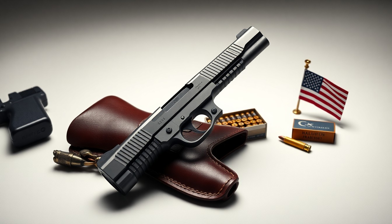 A high-end, photorealistic studio still-life photograph featuring a polished, metallic handgun resting on a clean, monochromatic background, surrounded by a minimal arrangement of other premium objects like a leather holster and ammunition. The dramatic lighting and industrial design of the gun symbolize the importance of the Heilmans' sponsorship and donation to the Mingo fundraiser.