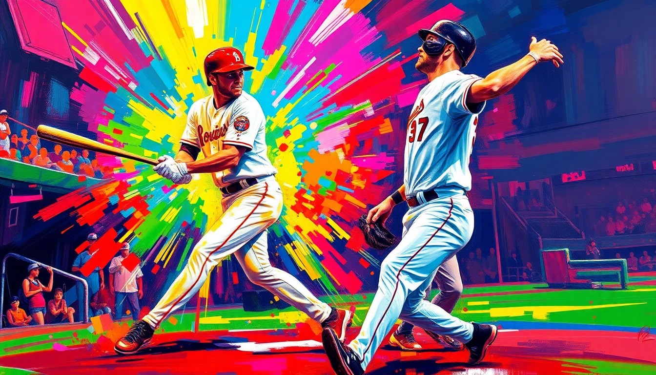 A dynamic, colorful painting featuring bold, energetic brushstrokes that capture the motion and intensity of a baseball game, with players' figures dissolving into abstraction.