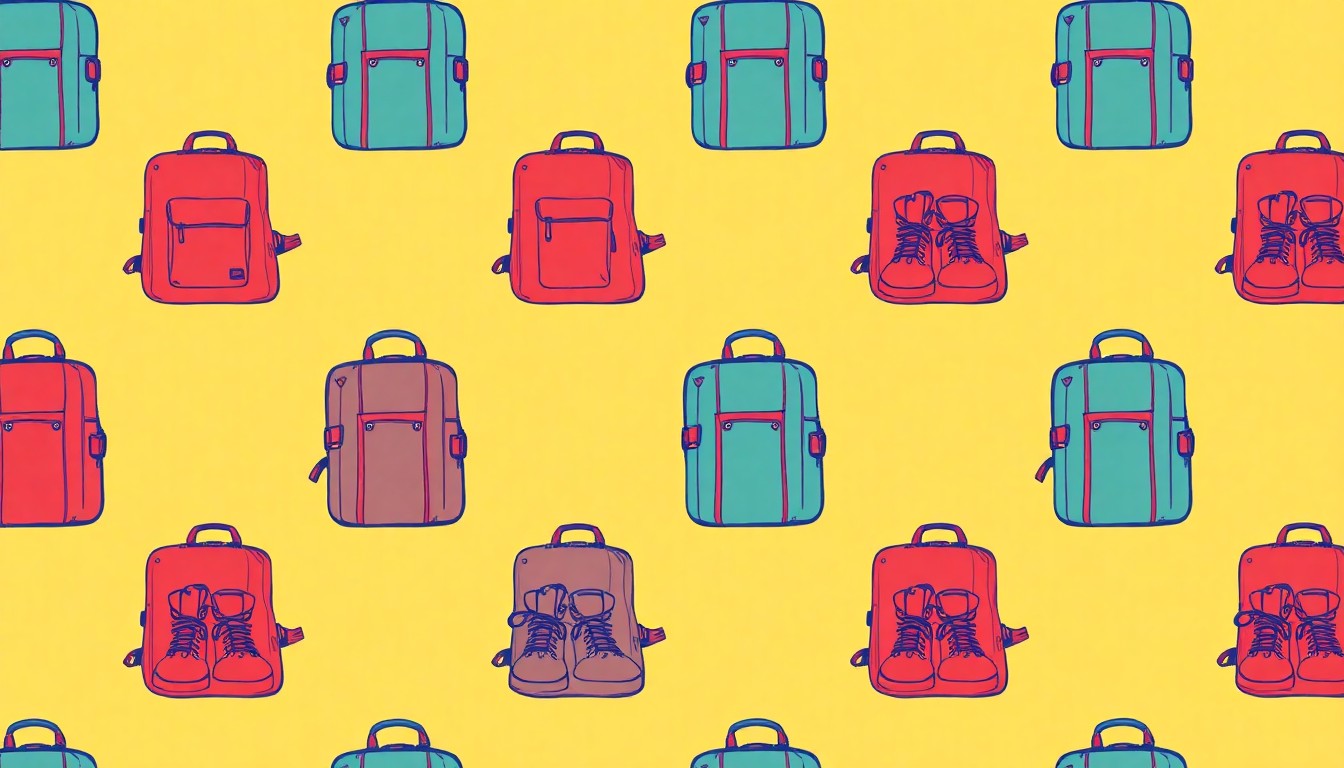 A bold, colorful silkscreen grid of suitcases, backpacks, and hiking boots, symbolizing the author's rejection of material wealth in favor of a minimalist, travel-oriented existence.