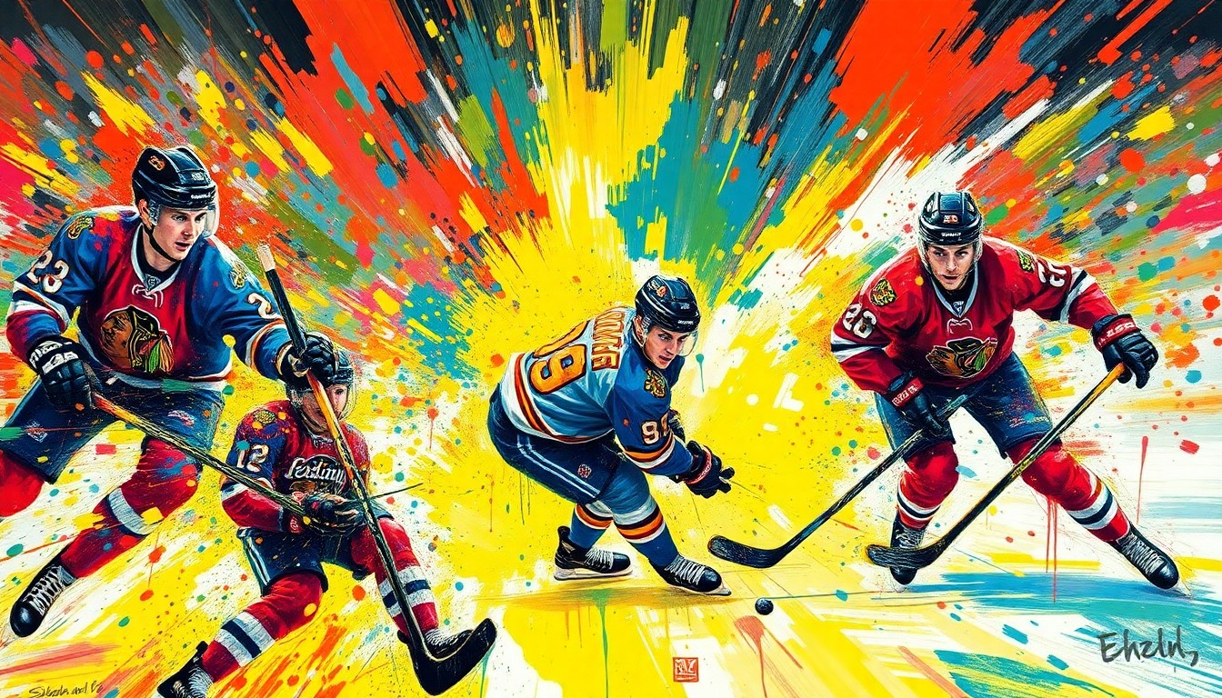 An abstract, expressionist painting in vibrant neon colors, with rapid brushstrokes capturing the raw energy and intensity of a hockey playoff game, the players' faces and jerseys dissolving into unrecognizable splatters of paint.