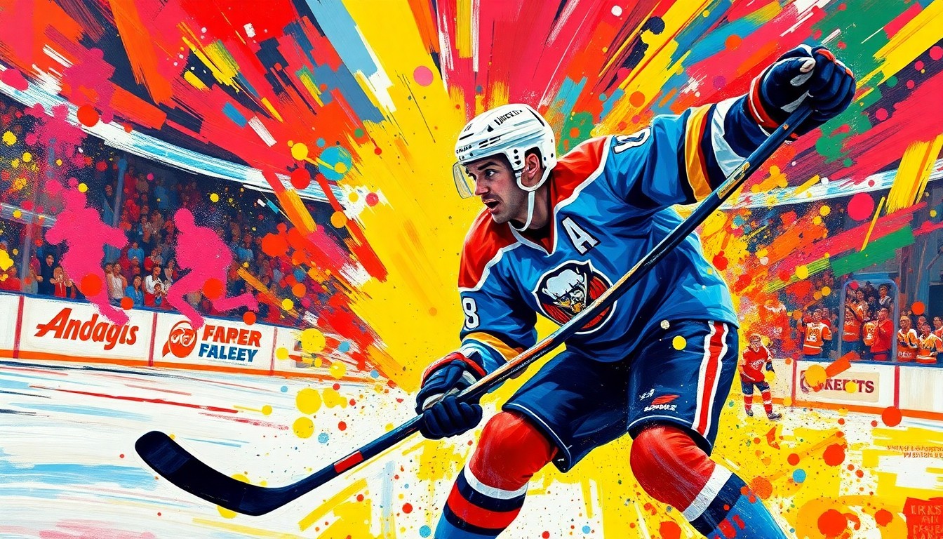 An extreme close-up of a hockey player's body in mid-celebration, with arms raised and jersey rippling, rendered in a vibrant expressionist painting style using bold, sweeping brushstrokes and neon colors that capture the raw energy and emotion of the game-winning moment.