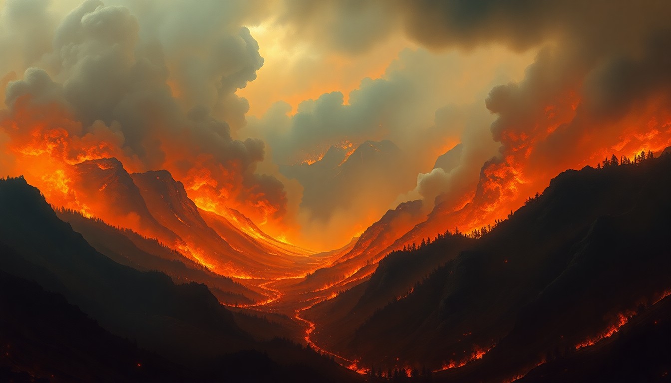 A sweeping, atmospheric landscape painting depicting a raging wildfire, with the flames and smoke dominating the scene and dwarfing any physical structures or objects in the foreground.