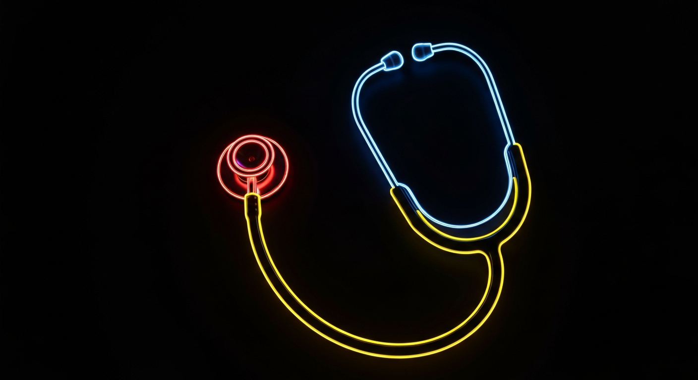 A minimalist design in the style of Keith Haring where a nurse's stethoscope is defined entirely by glowing, vibrant neon lines against a deep, dark background, emphasizing the shape and electricity of the medical instrument.