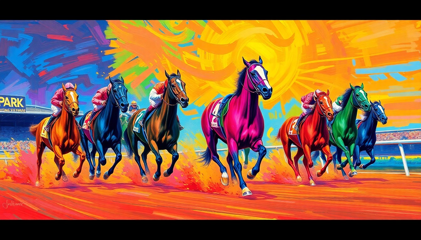A vibrant, textured painting in neon colors depicting the powerful movement and motion of racehorses racing down the track, conceptually representing the excitement of the Sunland Park Racetrack season finale.