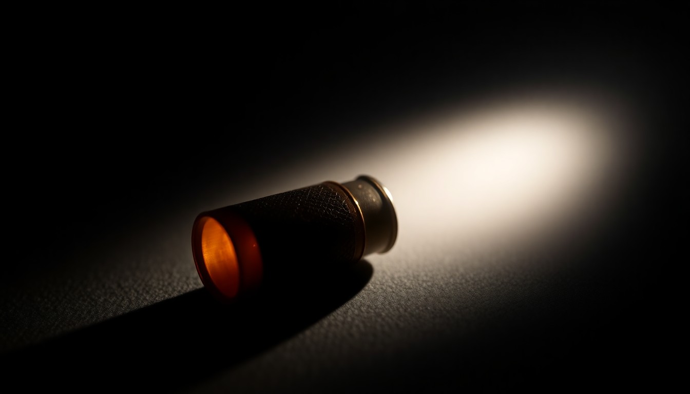 An extreme close-up photograph of a single spent shell casing, capturing the stark, gritty details of the crime scene evidence in a dramatic, investigative style.