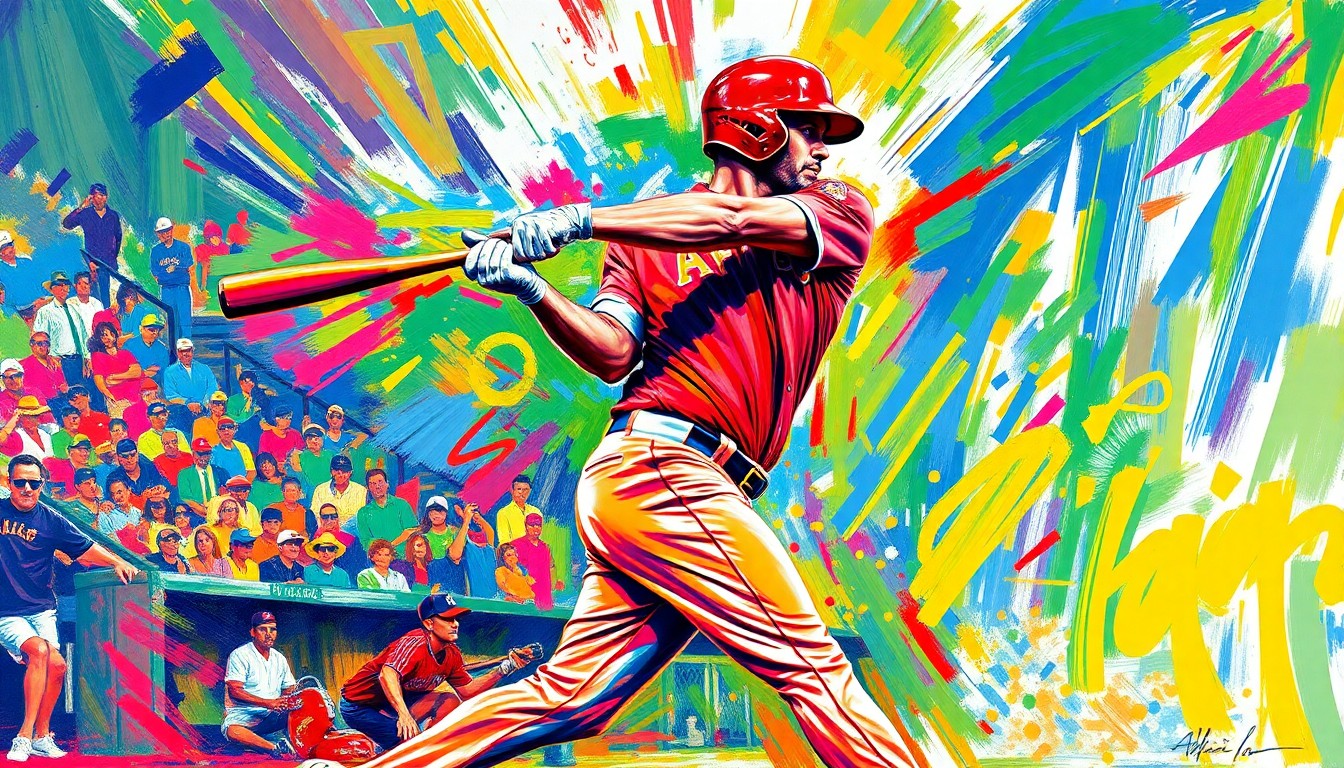An abstract expressionist painting in vibrant neon colors, capturing the explosive energy and raw power of a baseball player's swing as he connects for a home run.