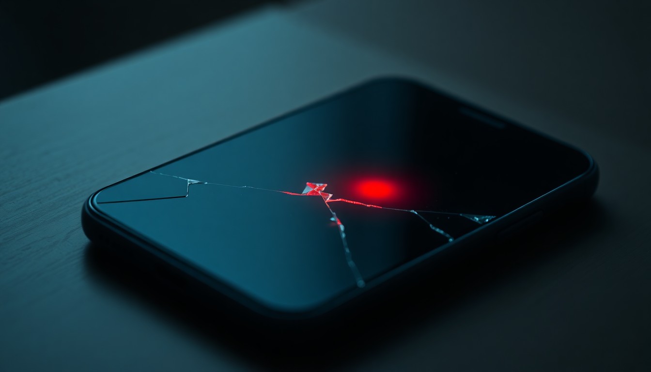 An extreme close-up photograph of a shattered cell phone screen reflecting a faint red light, conceptually representing the digital evidence used to convict a former youth sports coach of sexual exploitation.