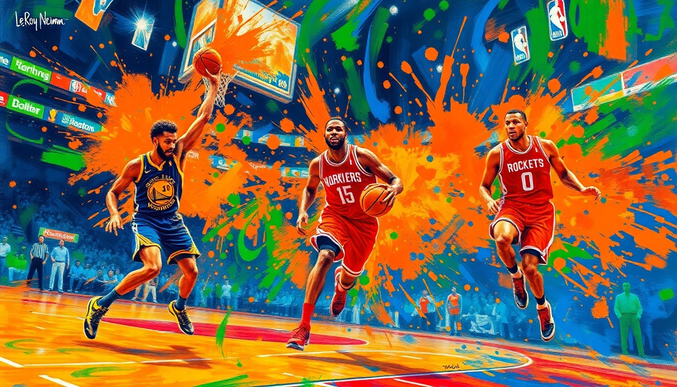 An abstract, expressionist painting in vibrant neon colors capturing the energy and movement of a high-intensity NBA basketball game, with the players' forms dissolving into dynamic brushstrokes.