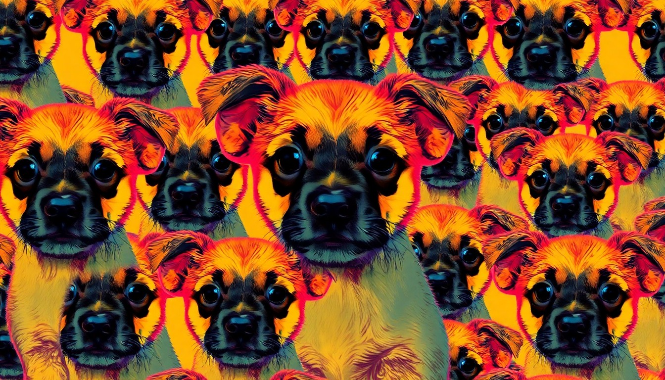 A colorful, abstract silkscreen-style illustration featuring a repeated image of a curious-looking puppy in a grid of bright neon colors, conceptually representing the joyful energy and personality of a rescue dog available for adoption.