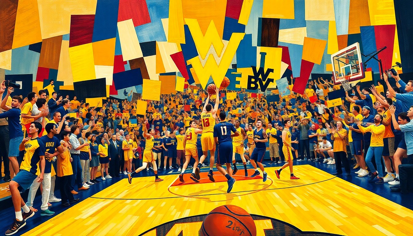 A fragmented, cubist-style painting depicting the intense action and celebration of a basketball game, with sharp geometric shapes and planes in the dominant colors of the West Virginia Mountaineers team.