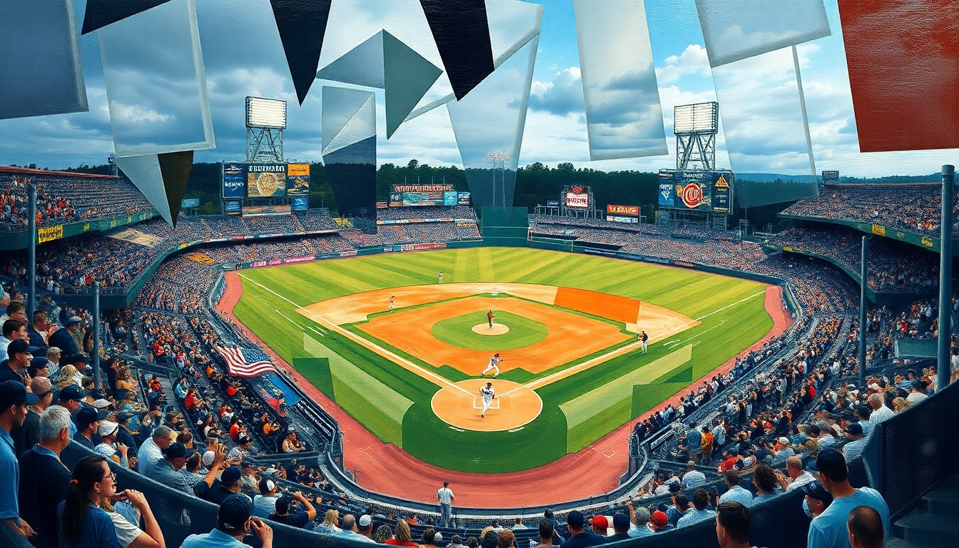 A fragmented, geometric painting depicting a college baseball game, with the players, field, and stadium broken down into abstract shapes and angles, capturing the chaotic energy of the sport.