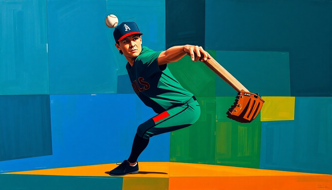 A fractured, cubist-style painting depicting the geometric shapes and planes of a baseball pitcher's windup and delivery, rendered in a palette of navy, green, and orange.