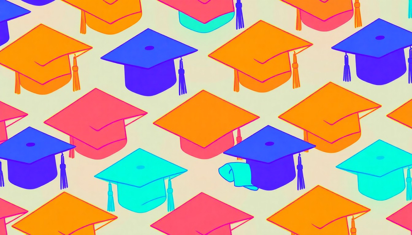 A brightly colored, high-contrast silkscreen print featuring repeated icons representing academic achievement, such as a graduation cap, diploma, and school mascot, in a bold, pop art style.
