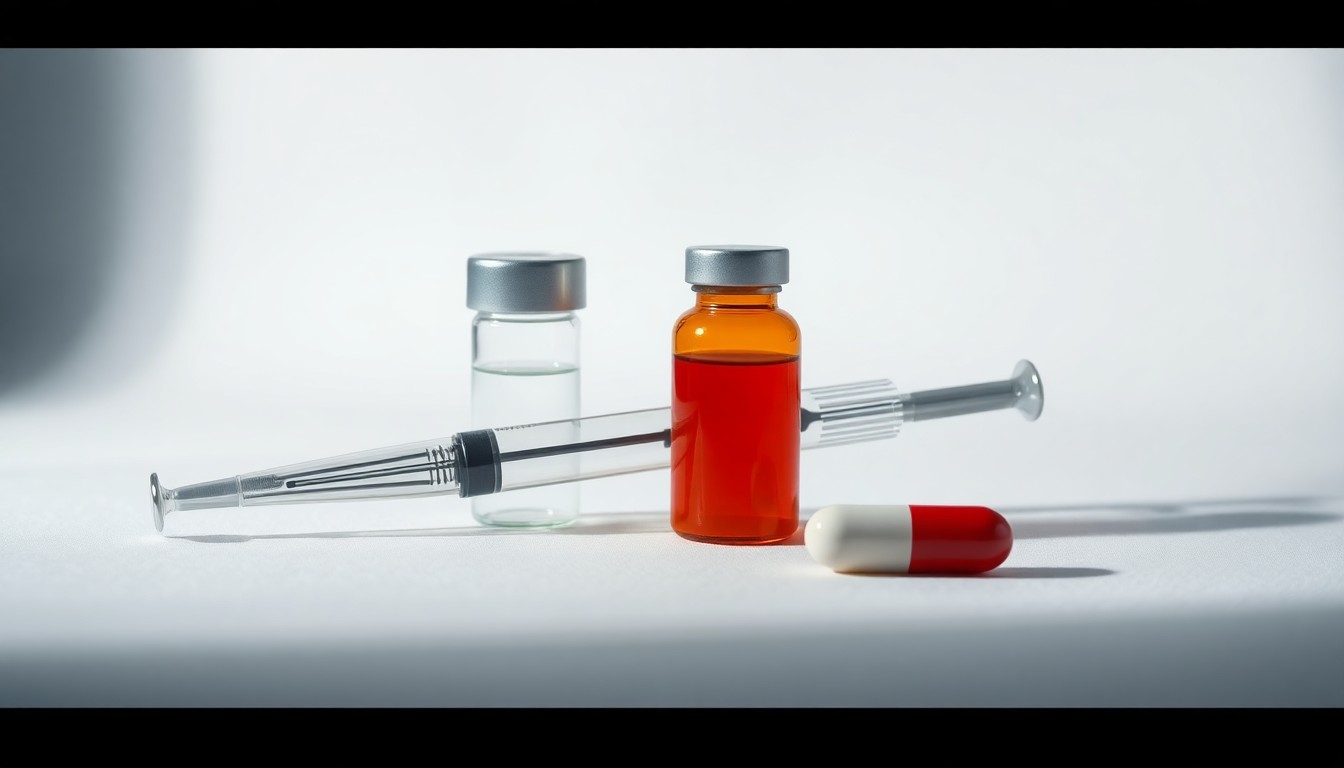 A photorealistic studio still-life featuring a polished metal syringe, a glass vial, and a pill capsule arranged on a clean white background, conceptually representing the tools and materials of pharmaceutical research and development.