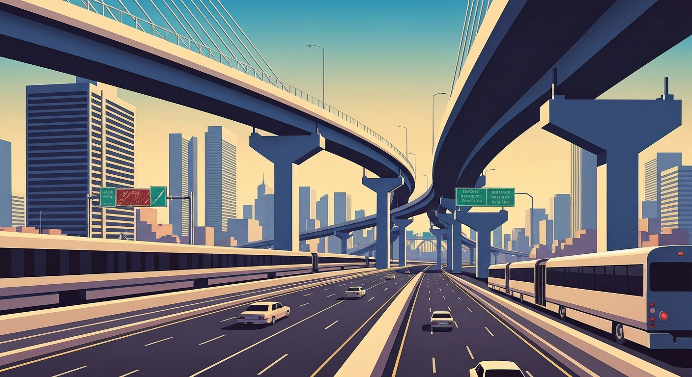 A highly stylized, geometric illustration depicting towering highways and bridges in a city environment, conveying the grand scale and complexity of transportation infrastructure.