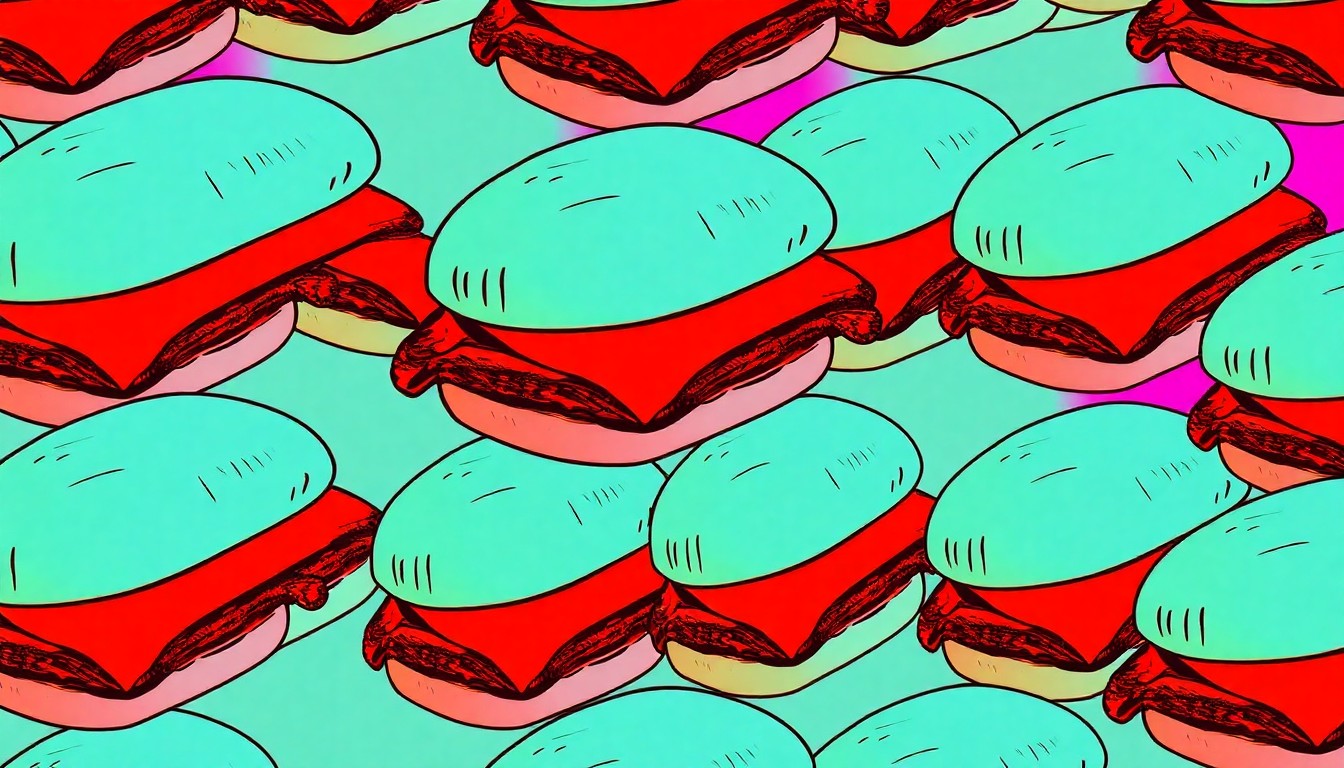 A bold, colorful silkscreen-style illustration featuring a repeated pattern of a single Buc-ee's food item, such as a brisket sandwich or Beaver Nugget, in a high-contrast, neon-infused palette that captures the energy and excitement of the brand's first Ohio location opening.