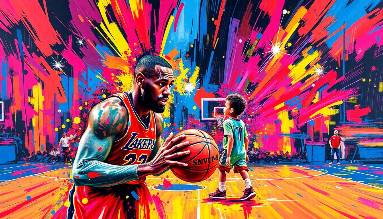An abstract, expressionist painting in neon colors depicting the intense energy and emotion of LeBron James coaching his son Bronny on the basketball court, their figures dissolving into vibrant brushstrokes.