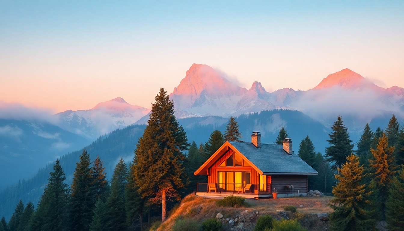An abstract, out-of-focus photograph depicting a modern mountain home surrounded by a lush, natural landscape, with warm, golden light filtering through the trees.