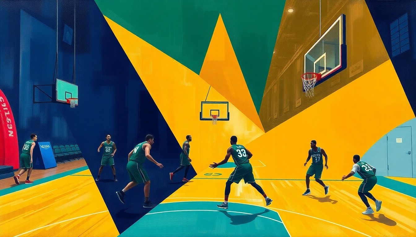 A fractured, multi-perspective painting depicting a college basketball game, with the players' bodies and the court broken down into sharp, overlapping geometric shapes in a vibrant color palette, capturing the raw energy and spirit of the event.