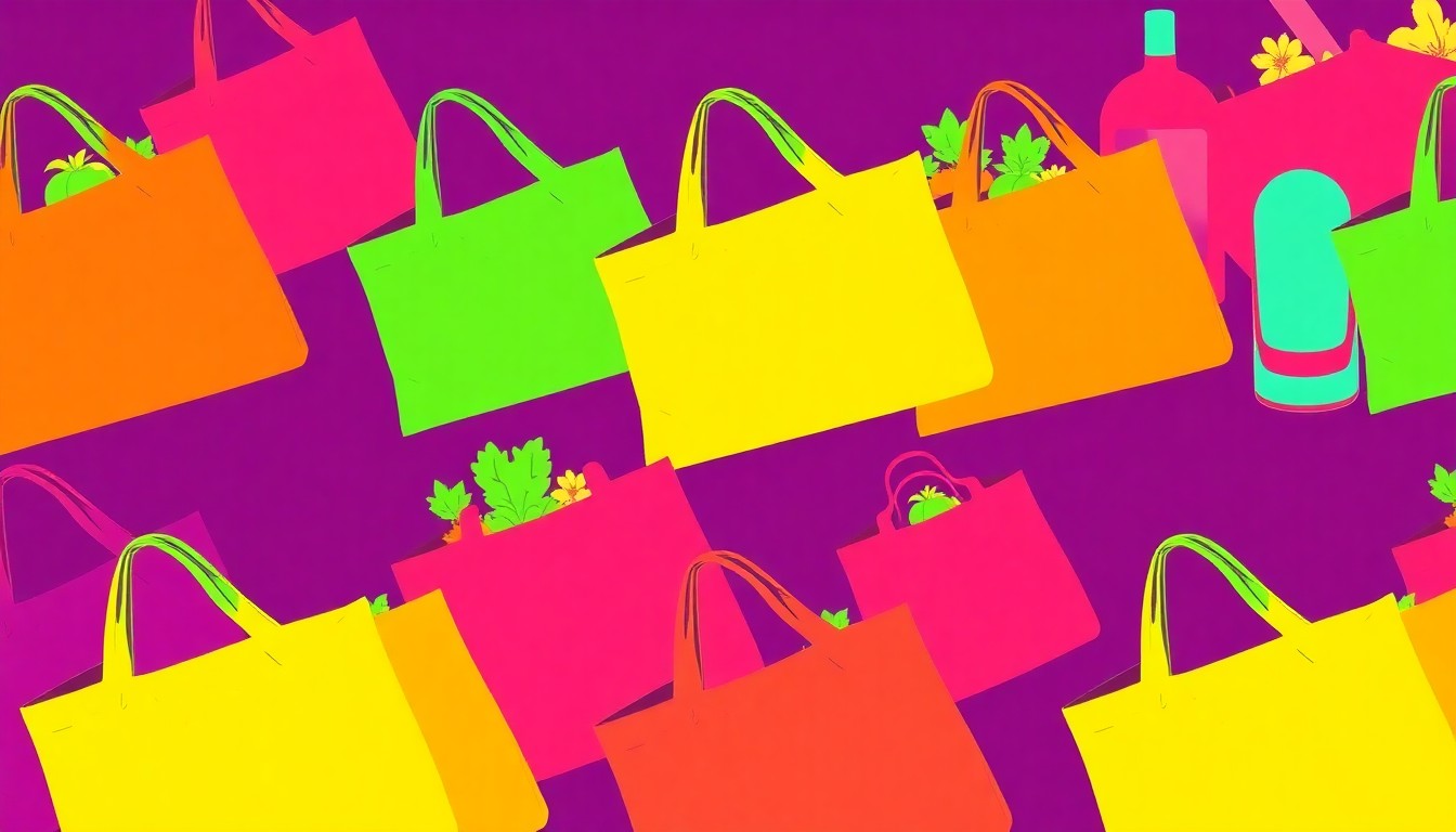 A brightly colored, high-contrast silkscreen print of a reusable grocery bag or organic produce item repeated in a tight grid pattern, conceptually representing the joyful energy of a community-focused natural foods store anniversary celebration.