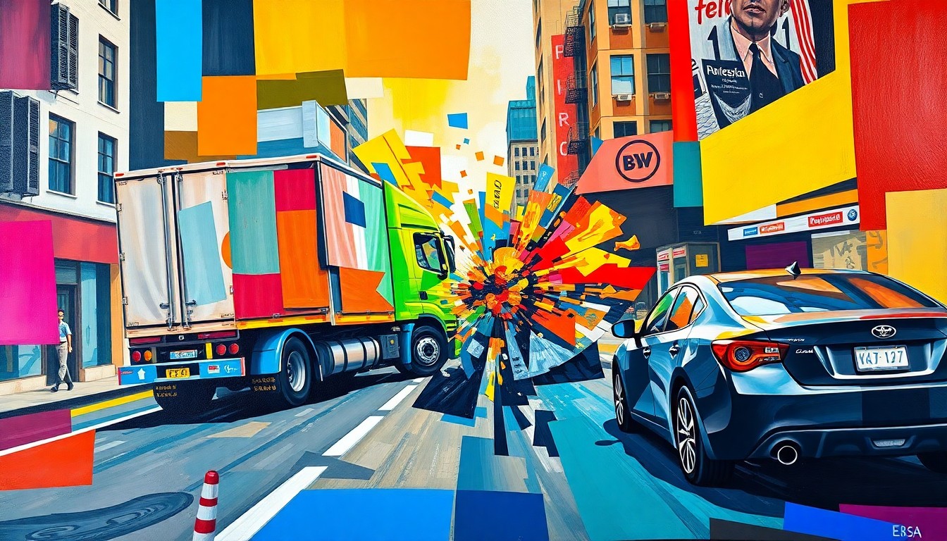 A cubist, multi-perspective painting depicting the confrontation between a truck and a car on a city street, with the vehicles and surroundings broken down into sharp, overlapping planes of bright colors.