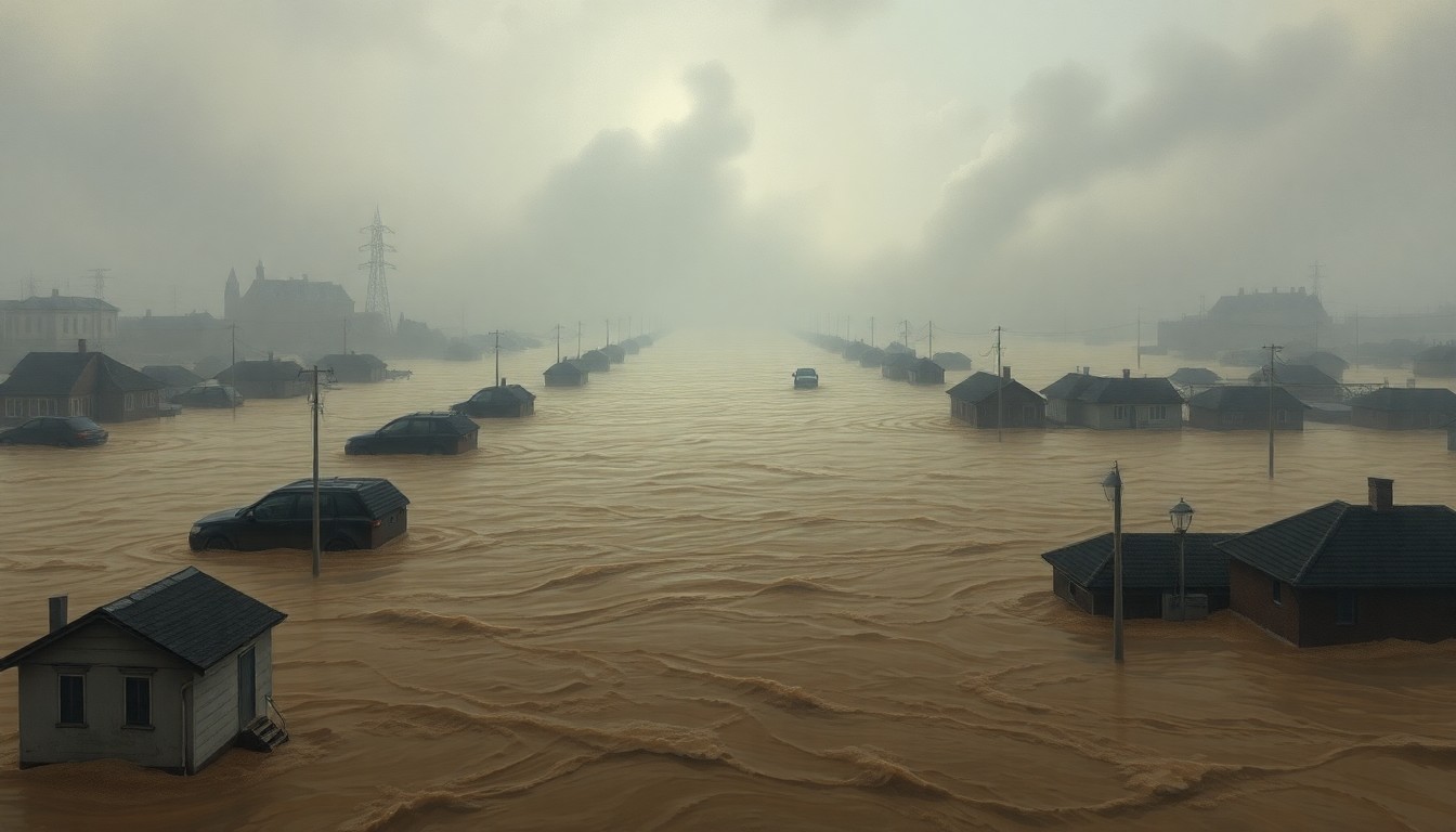 A dramatic landscape painting depicting a flooded urban street, with only the rooftops of submerged vehicles visible above the churning, muddy floodwaters. The scene conveys the overwhelming, sublime scale of the natural disaster, with the manmade structures dwarfed by the power of the elements.