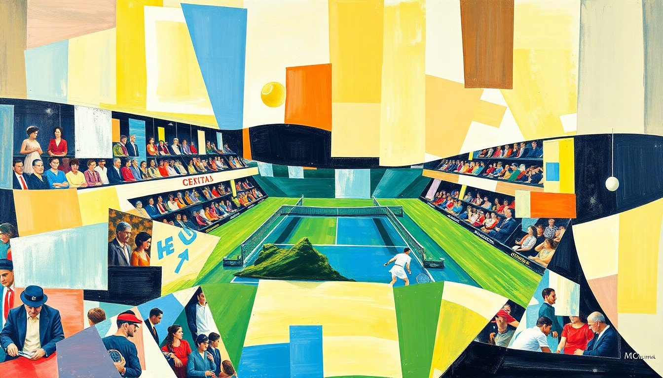 A cubist, geometric painting featuring overlapping planes of color and shape, representing the dynamic movements and perspectives of a tennis match.