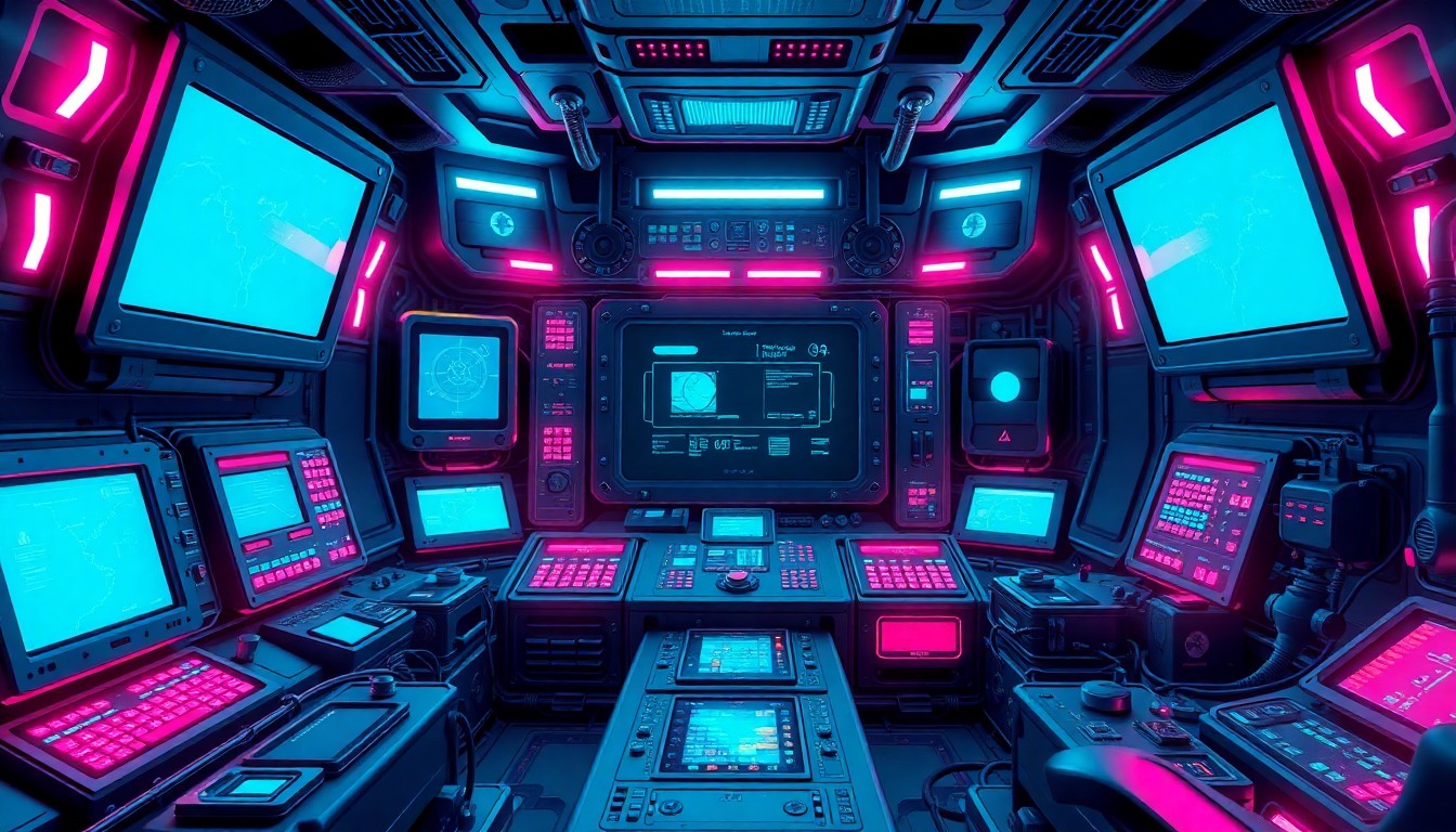 A highly detailed, glowing 3D illustration of a futuristic lunar spacecraft control panel, with neon cyan and magenta lights illuminating the intricate circuitry and digital displays, conceptually representing the complex technology infrastructure enabling deep-space communications and navigation.