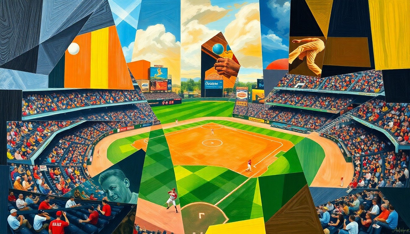 A cubist-style painting featuring overlapping geometric shapes and planes in shades of red, white, and blue, representing the dynamic energy and strategy of a baseball game.