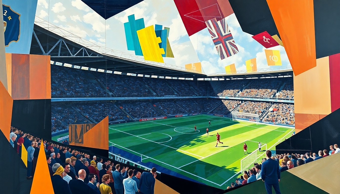 A fragmented, geometric painting depicting a soccer match, with players and the field broken down into sharp, overlapping shapes and planes in a cubist style.