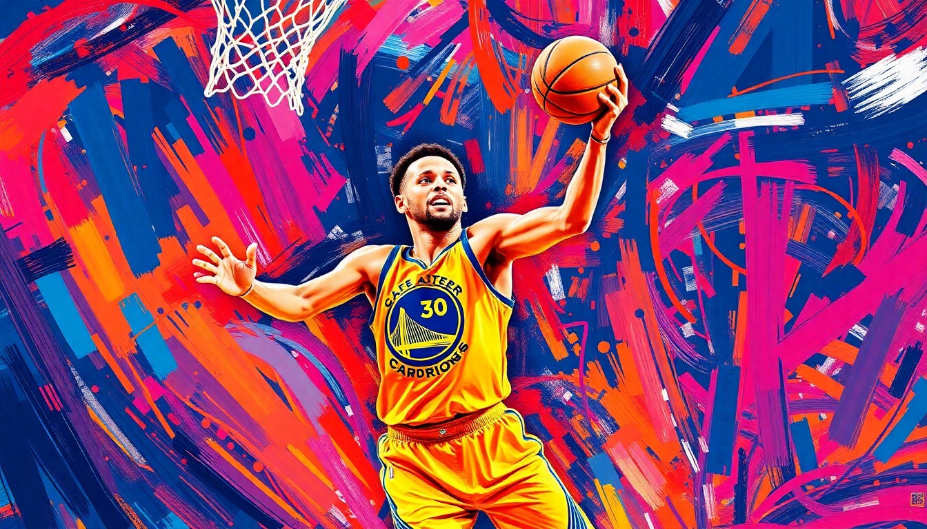 An abstract, energetic painting in bright neon colors depicting the blurred motion and intensity of a basketball player driving to the hoop, conveying the excitement and dynamism of Stephen Curry's return to the court.