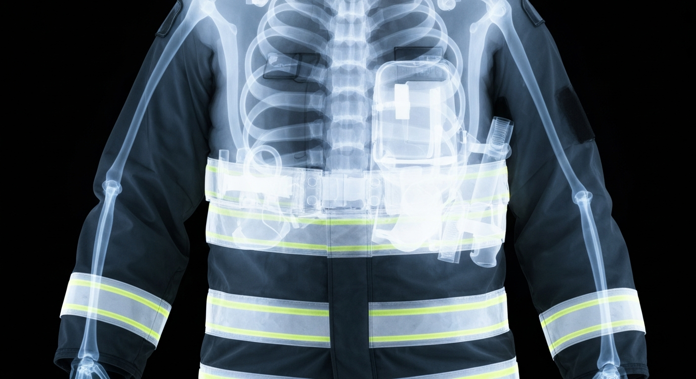 A ghostly, translucent X-ray photograph showing the internal structure of a first responder's uniform, with the fabric and protective gear glowing against a dark background, conceptually representing the hidden trauma and emotional strain that these community heroes often carry.