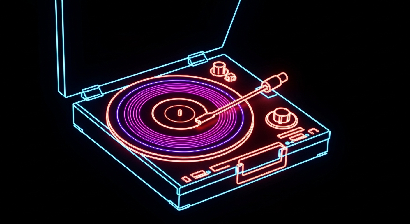 A glowing neon outline of a vinyl record player and record, floating against a dark background, conceptually representing the therapeutic power of music in a healthcare setting.