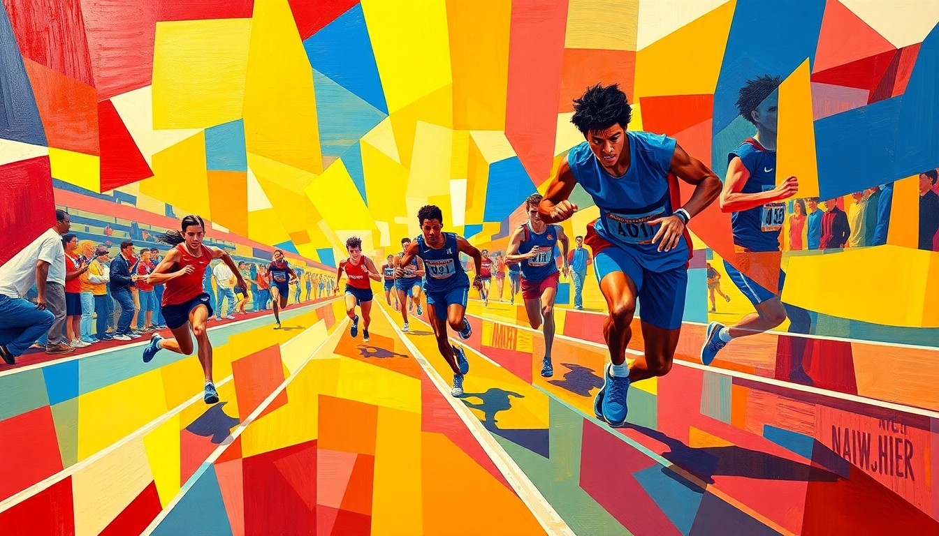 A fragmented, geometric painting in bold primary colors depicting the dynamic motion and energy of a high school track and field event, with overlapping planes and shapes representing the athletes in action.