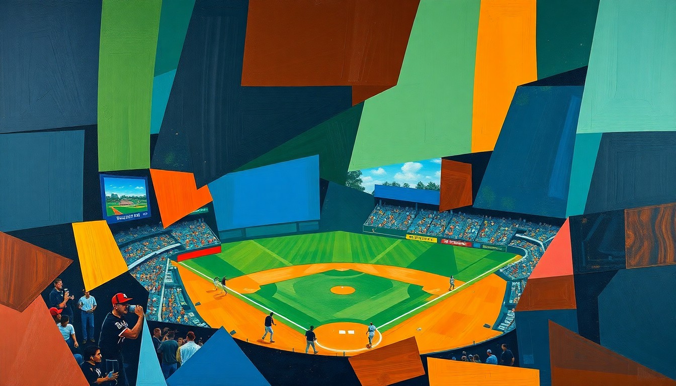A cubist, geometric painting depicting a baseball game broken down into sharp, overlapping planes of navy, green, and orange, conveying the fractured viewing experience for fans.