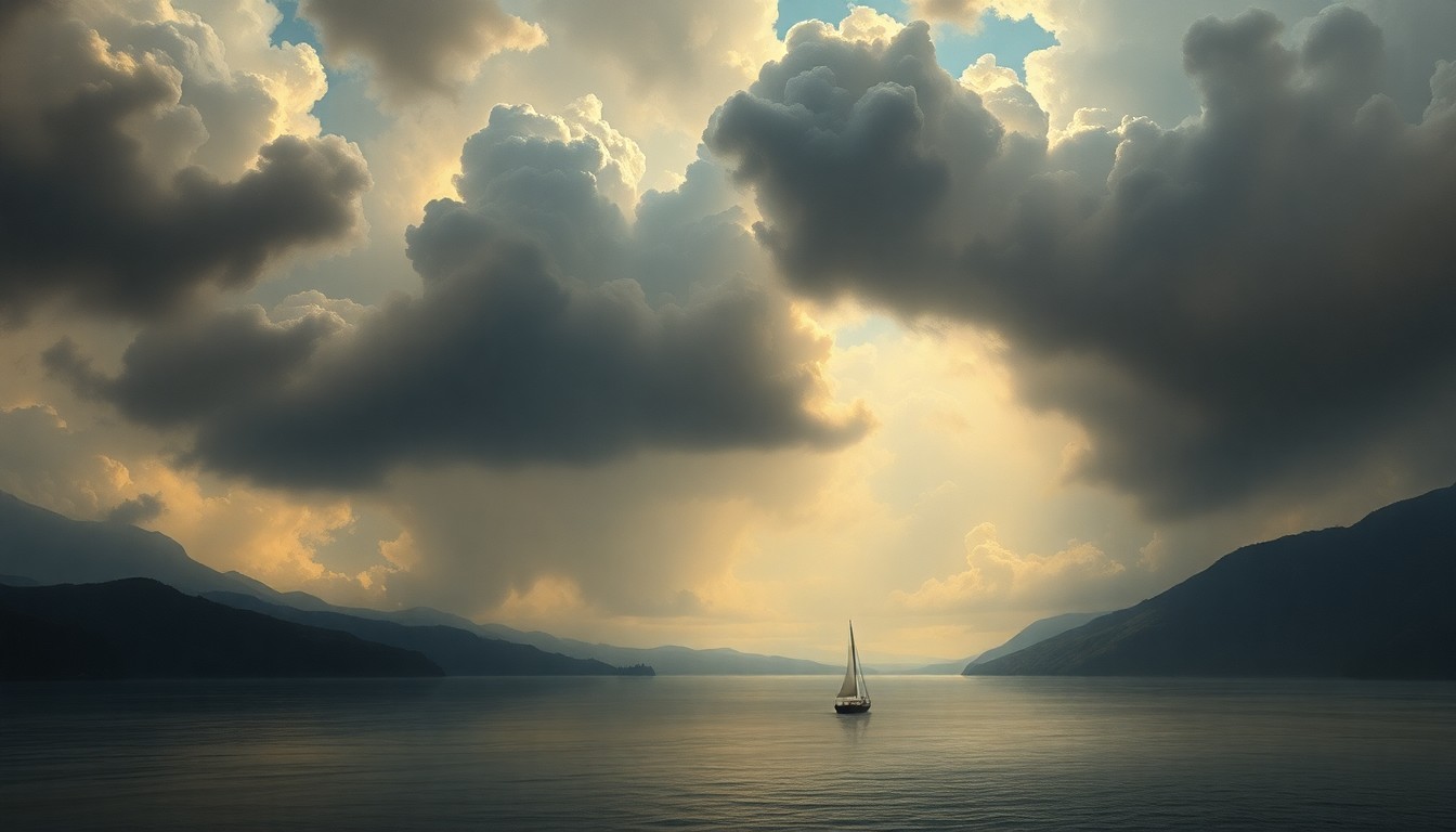 A sweeping, atmospheric landscape painting in muted blues, grays, and greens, depicting a vast bay with dramatic clouds and lighting. A small boat can be seen in the distance, dwarfed by the overwhelming scale of the natural environment.