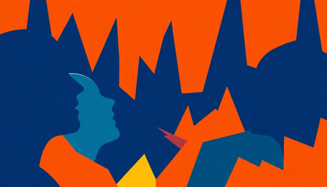 An abstract, minimalist illustration featuring jagged geometric shapes in warm orange, deep blue, and vibrant yellow, conceptually representing the coming together of community voices to empower youth through music education.